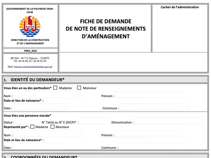 Fiche de demande de note de renseignement d'aménagement 