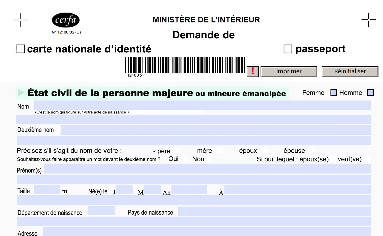 Formulaire de passeport ou carte d'identité pour majeur