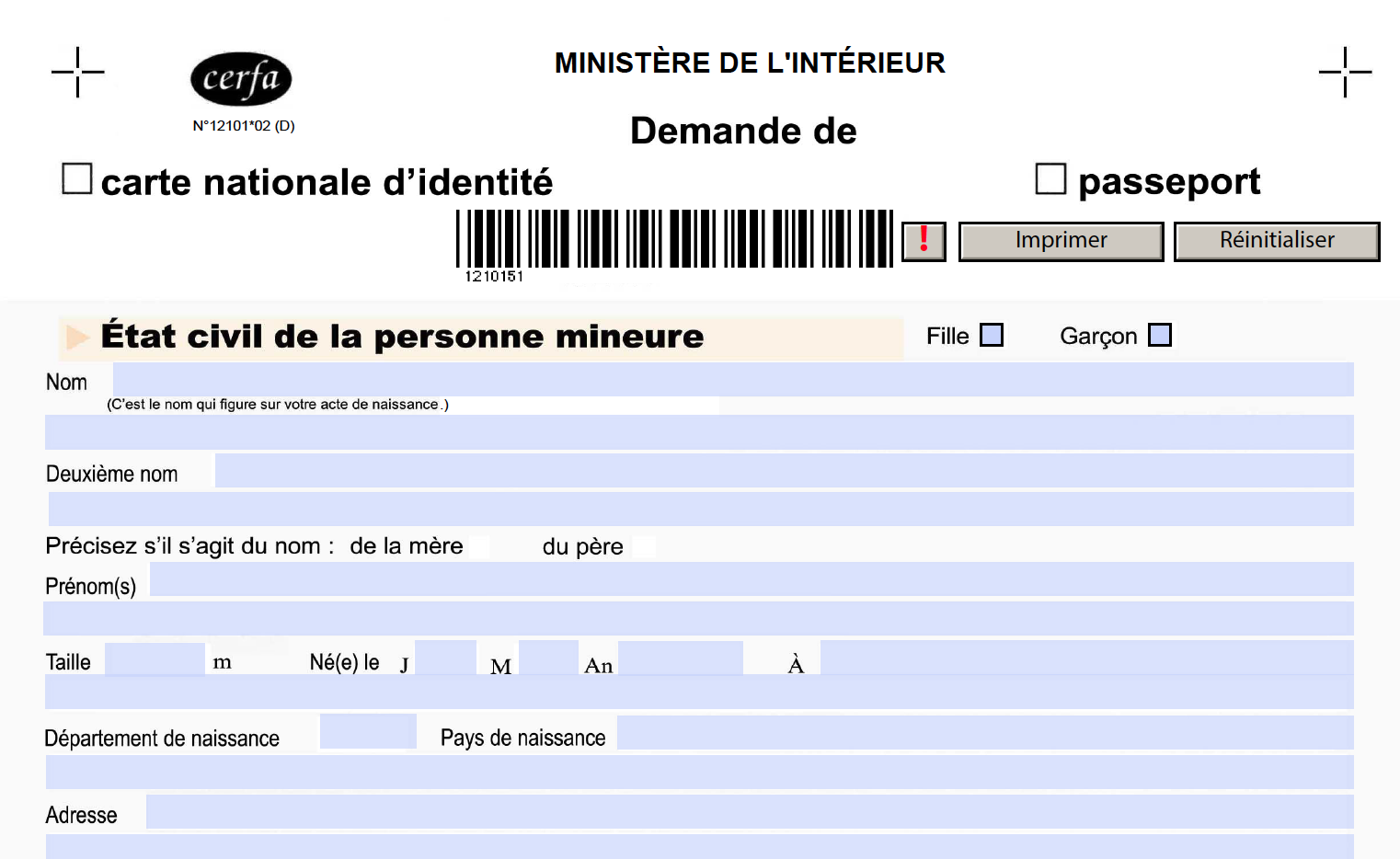 Formulaire de passeport ou carte d'identité pour mineur