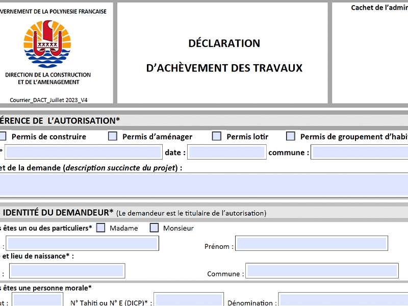 Formulaire déclaration d'achèvement des travaux