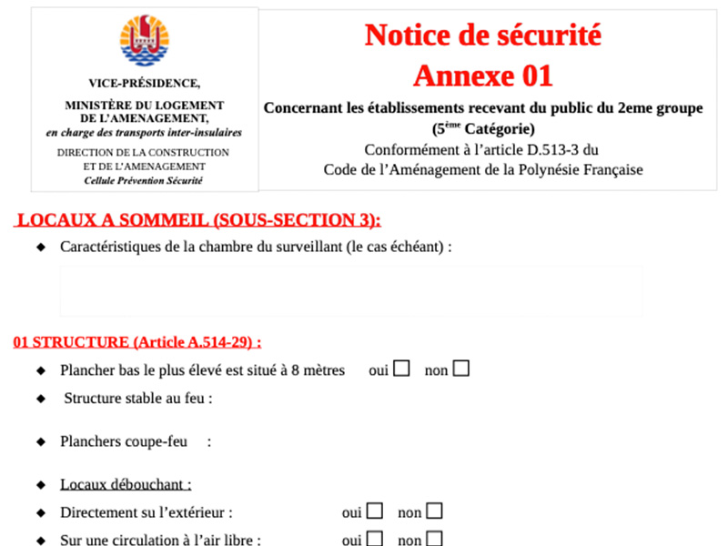 Annexe notice de sécurité : locaux à sommeil