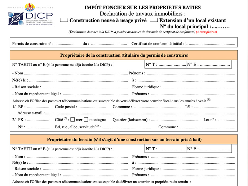 Formulaire déclaration impôt foncier sur les propriétés bâties