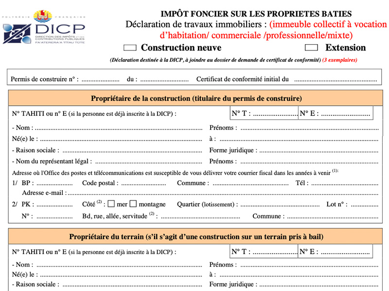 Formulaire déclaration impôt foncier sur les propriétés bâties (immeuble collectif)