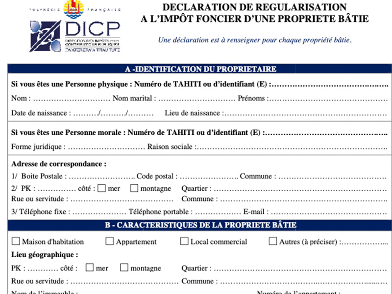 Formulaire déclaration de régularisation à l'impôt foncier d'une propriété bâtie