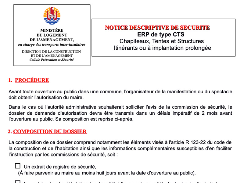 Notice descriptive de sécurité ERP de type CTS (Chapiteaux, Tentes et Structures itinérants ou à implantation prolongée)