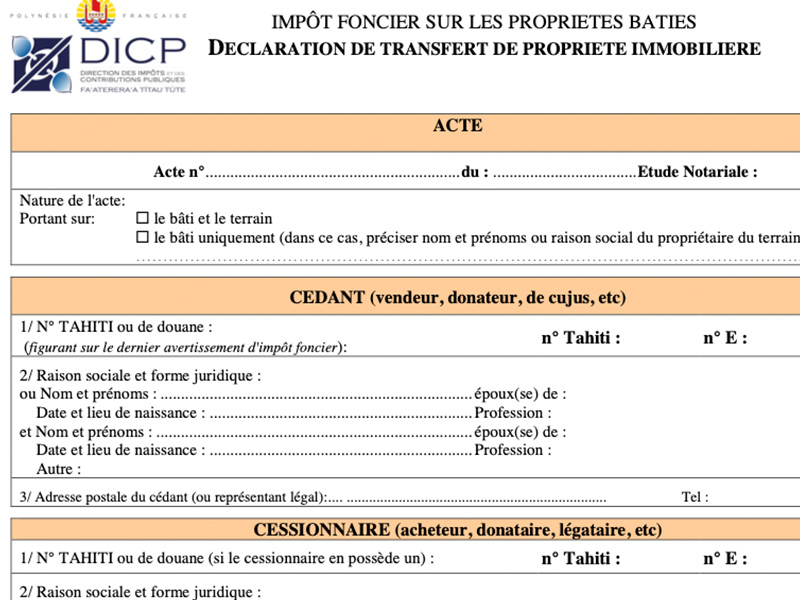 Formulaire déclaration de transfert de propriété immobilière 