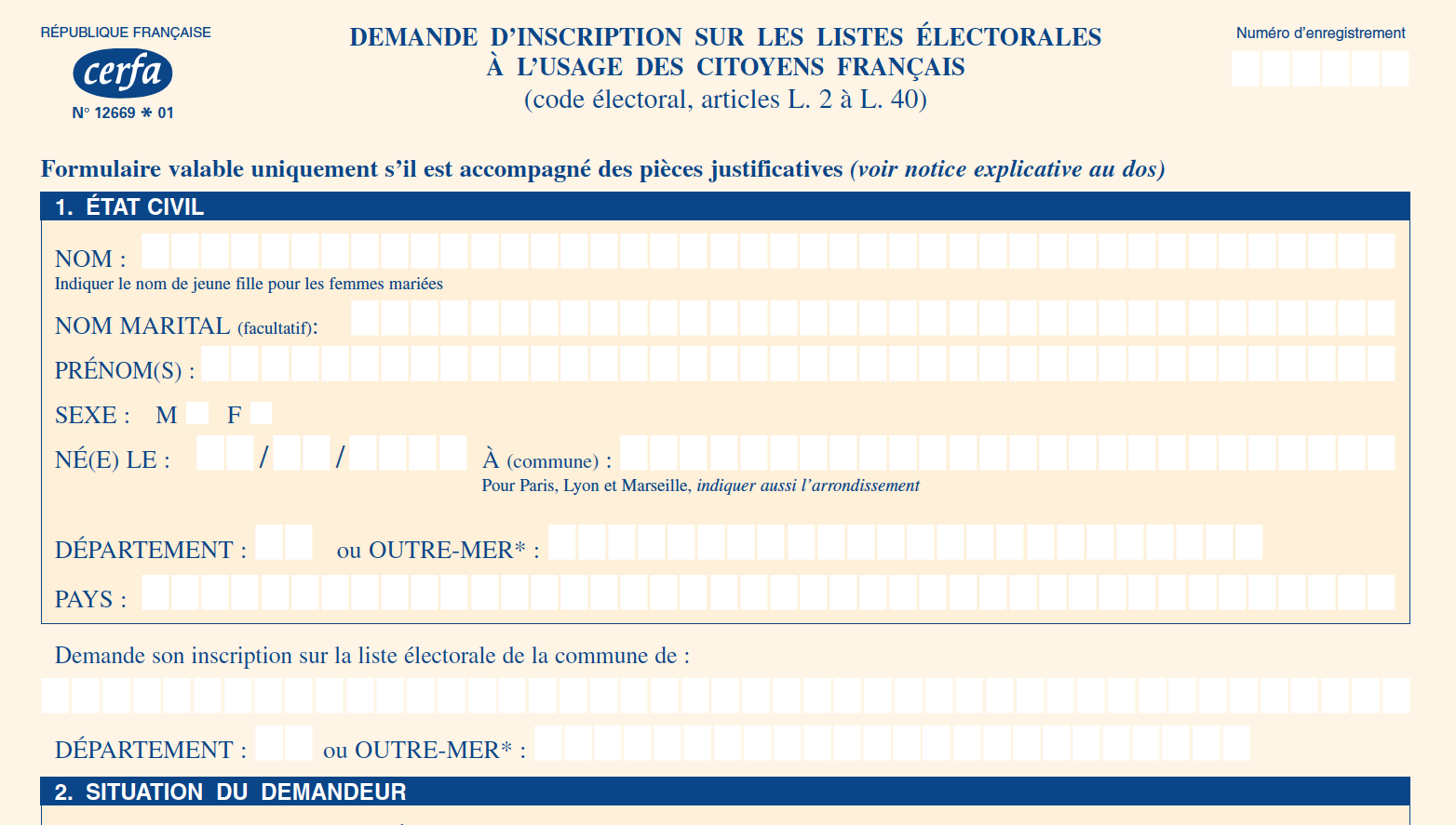 Formulaire de demande d'inscription sur la liste électorale