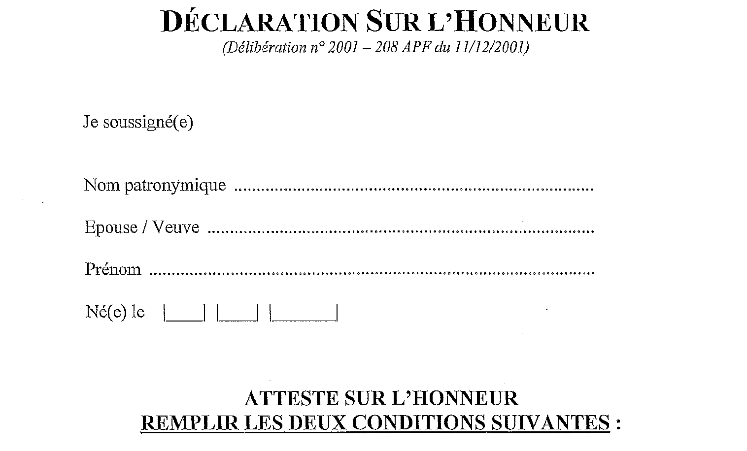 Formulaire de déclaration sur l'honneur pour bénéficier d'un tarif réduit pour les plus de 60 ans