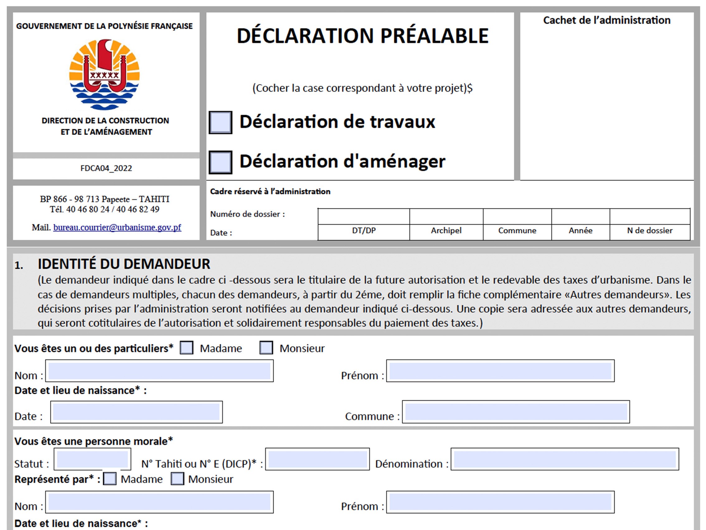 Formulaire déclaration préalable de travaux et d'aménager