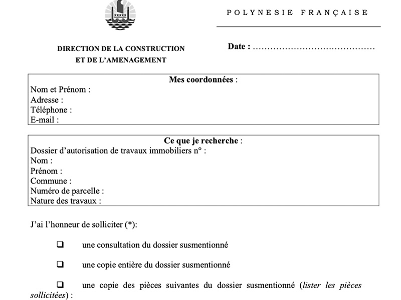 Formulaire de demande de copie de dossier d'autorisation de travaux immobiliers